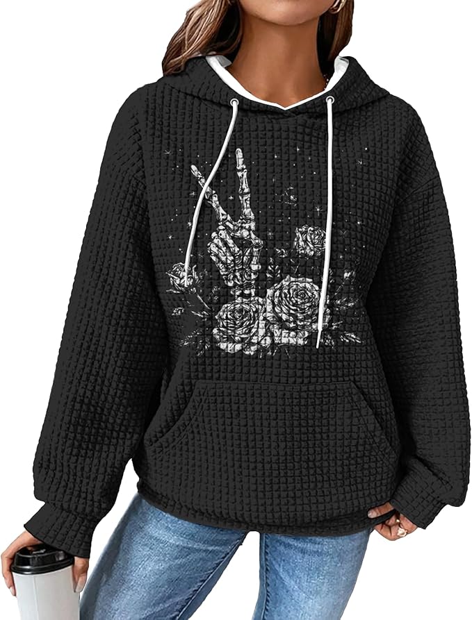 domirica Black Pullover Sweatshirts For Women Trendy Long Sleeve Waffle Sweatshirt With Hood Comfy Fall Clothing Qutfits