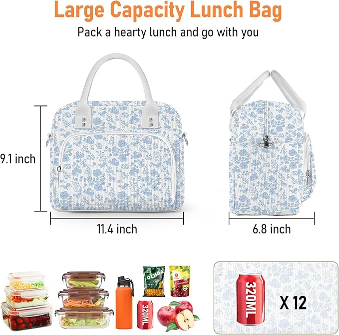 Lunch Bag Large Insulated Lunch Box for Women Men Adult Cute Blue Floral Lunchbox Corduroy Lunch Bags Boxes Pail with Shoulder Strap for Work Mom Picnic Office Travel 11.4×6.8×9.1 inches 11.5L