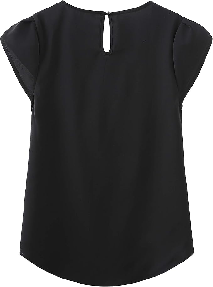 TASAMO Women's Casual Round Neck Basic Pleated Top Cap Sleeve Curved Keyhole Back Chiffon Blouse