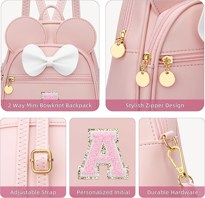 KKXIU Girls Initial Bowknot Cute Mini Backpack for Toddler, Travel Small Girl Backpacks, Personalized Valentine's Day Gifts for Little Girls and Kids(A, Pink)