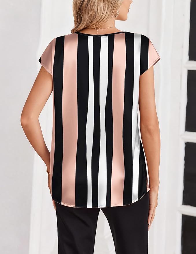 Zeagoo Women Silk Satin Tops Cap Short Sleeve Blouse V Neck Shirts Business Casual Outfits S-2XL