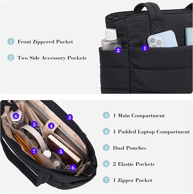 AOCINA Puffer Tote Bag for Women Quilted Work Bag Nurse Bags Women's Shoulder Handbags for Travel Gym Gifts Laptop Purse
