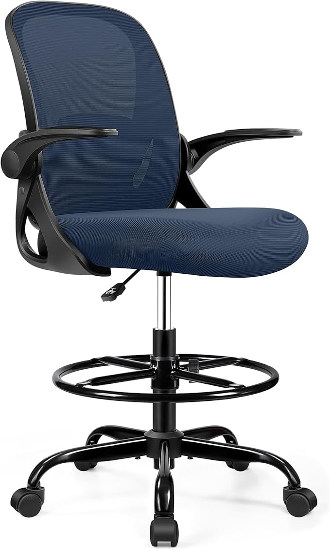 Drafting Chair Tall Office Chair with Flip-up Armrests, Adjustable Height, Enhanced Lumbar Support Ergonomic Rolling Stool, Back Support, Adjustable Foot Rest Ring for Standing Desk Navy