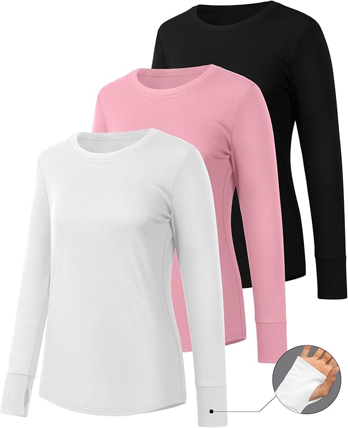 Huukeay 3 Pack Women's Long Sleeve Shirts with Thumb Holes, Cotton Casual Crew Neck Tunic Tops Fall Loose Y2k Trendy Outfits