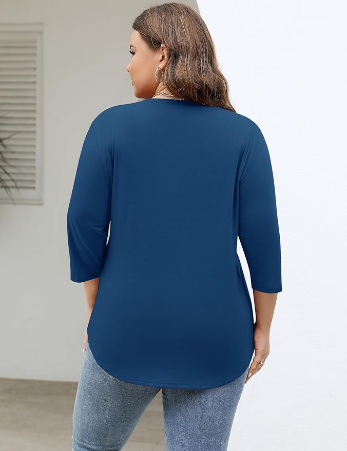 TFSDOD Womens Plus Size Tops V Neck T Shirts 3/4 Sleeve Blouse Summer Casual Tees XL-5X