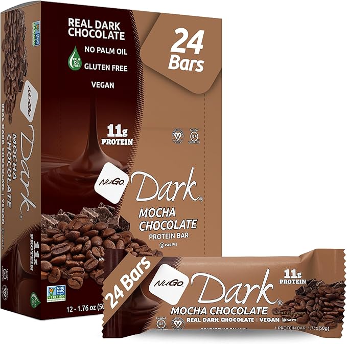 NuGo Dark Chocolate Mocha, 11g Protein Bar, Vegan, Gluten Free, Non-GMO, Kosher Pareve, 24 Count