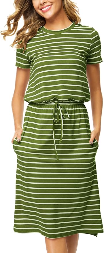 Simier Fariry Womens Spring Hide Belly Knee Length Travel Dress Pocket Summer Short Sleeve Midi Work Casual Outfits
