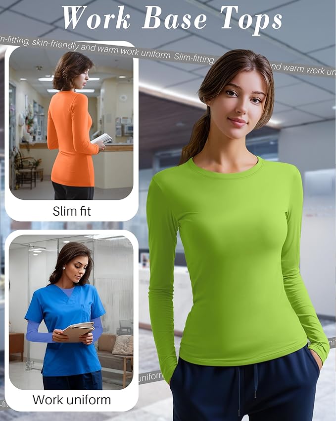 4 Pack Women's Underscrub Shirts Nurse Undershirts Long Sleeve Crewneck Slim Fit Tops Soft Stretchy Basic Tee
