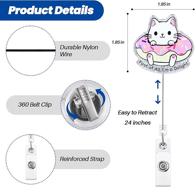 First of All, I'm a Delight Funny Badge Reel, Cute Cat Retractable ID Card Badge Holder, Name Tag Work Badge Clip for RN LPN CNA MA ER Night Shift Nurse Nursing Student Doctor Teacher, Nurse Gifts