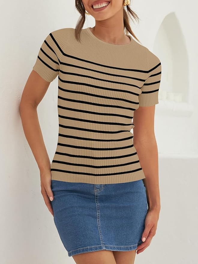 ZESICA Women's Short Sleeve Crewneck Striped T Shirt 2026 Summer Ribbed Knit Slim Fit Casual Basic Tee Tops