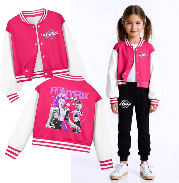 K PopGirls Kpop Tracksuit Cute Cartoon Print Baseball Coats Fashion Long Sleeve Jackets and Pants Christmas Costume Set