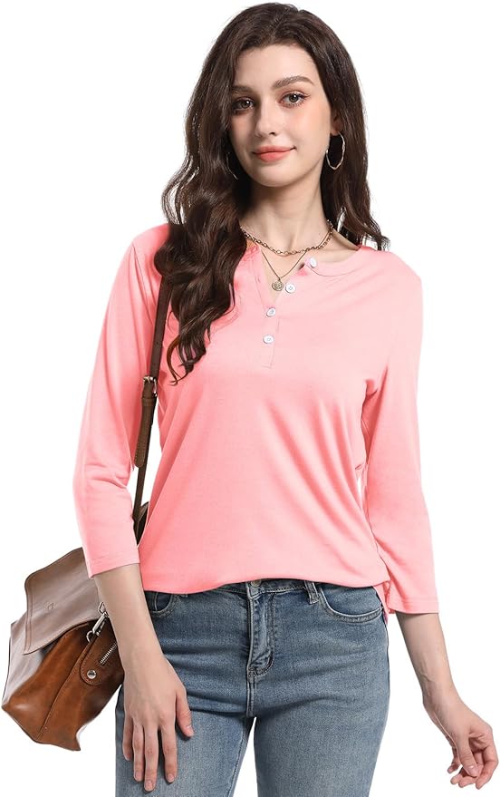 PGANDS Women's 3/4 Length Sleeve T Shirts Button Down Scoop Neck Casual Tops