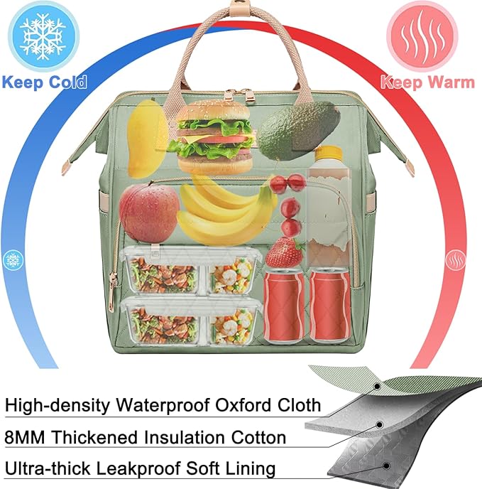 AIJIEKE Lunch Bag for Women, Leakproof & Insulated Work Lunch Box Tote, Reusable Adult Cooler Bag with Water Bottle Side Pocket & Removable Shoulder Strap, Green