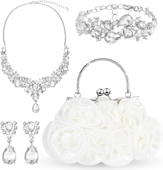 4 Pcs Flower Clutch Rhinestone Jewelry Set Rose Clutch Handbags with Detachable Strap Detachable Necklace Earrings Bracelets for Wedding Party Prom Valentine Gift