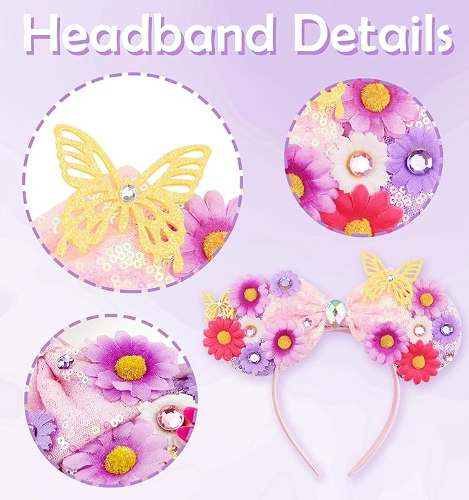 LIHELEI Mouse Ears Headband for Princess, Flower Mouse Ears for Princess Women Birthday Party Halloween Costume, Shiny Park Ears for Adult - Flower Headband