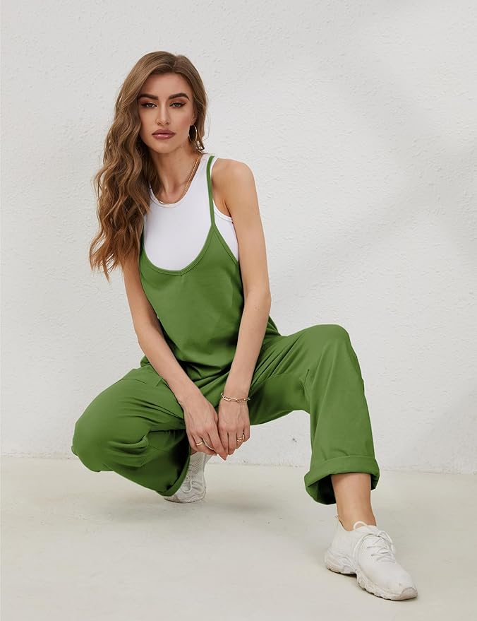 Lentta Women's Causal Jumpsuits V Neck Sleeveless Harem Overalls Stretchy Adjustable Strap Romper with Pockets