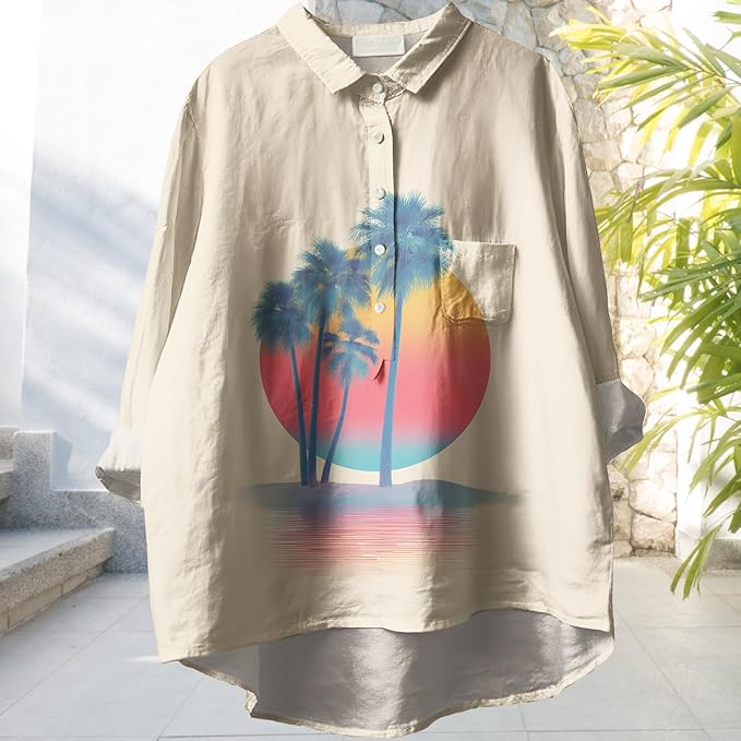 Womens Boho Tops 3/4 Long Sleeve Floral Blouses Hawaii Beach Button Down Shirts V Neck Pullover Casual Tunics