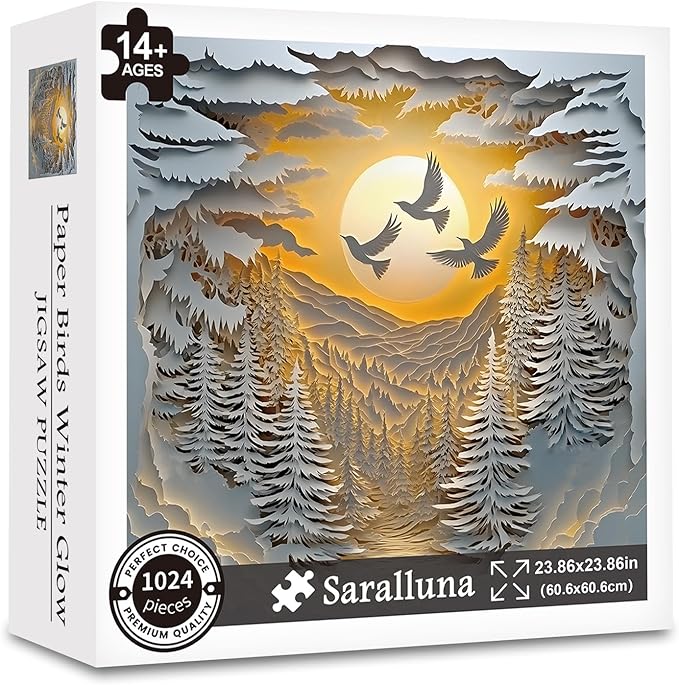 Saralluna Puzzle for Adults 1024 Pieces, 3D Paper-Cut Winter Forest Sunset Jigsaw Puzzle, Challening Impossible Difficult Hard Fun 1000 Pieces Jigsaw Puzzles for Adults