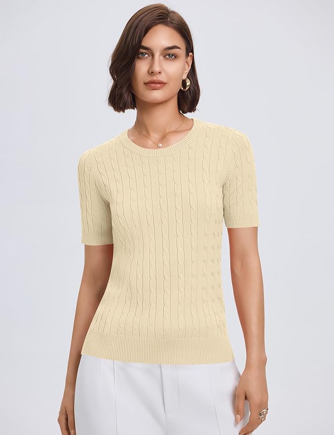 Micoson Womens Short Sleeve Cable Knit Sweater Tops Crewneck Lightweight Spring Summer Shirts Business Dressy Casual Outfits