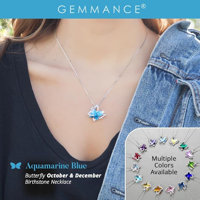 GEMMANCE Gift Butterfly Birthstone Crystal Necklace, Silver Tone with 18”+2” Chain, Necklace for Mother’s Day Anniversary Birthday Gifts for Women and Daughter, Valentine's Day