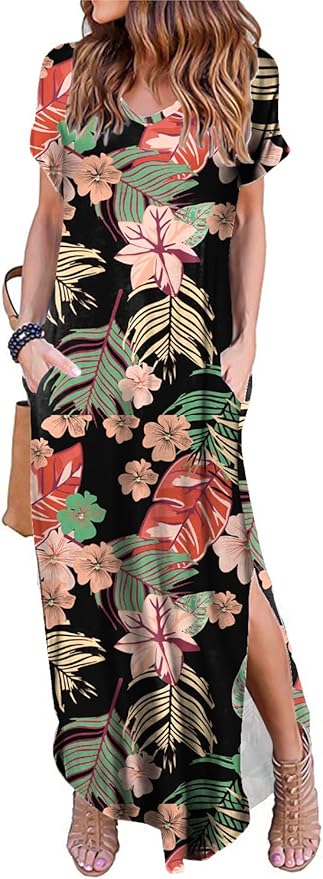 Arolina Women's Summer Maxi Dress Short Sleeve V Neck Casual Loose Long Beach Split Dresses with Pockets