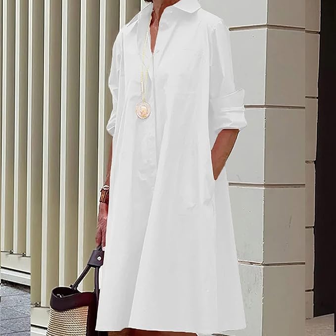 Womens 2025 Long Sleeve Button Down Shirt Summer Dress Casual V Neck Loose Fit Midi Shirt Dresses with Pockets