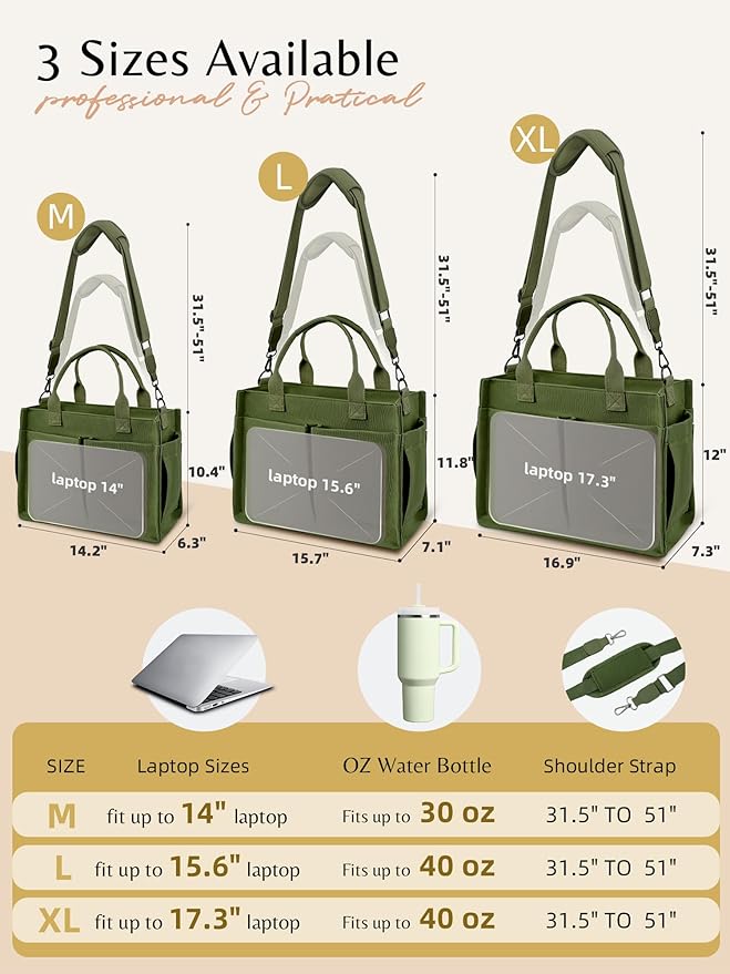 BESBESME Canvas Tote Bag for Women with Zipper & Compartments– Large Work & College Laptop Tote Crossbody Shoulder Bag