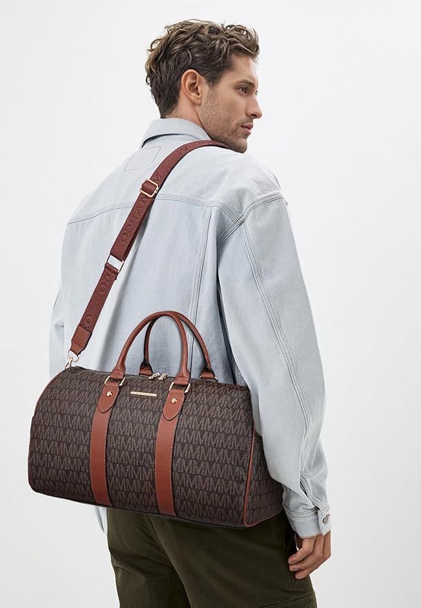 Women PU Leather Monogrammed Duffel Bag for Men- Scratch-Resistant Waterproof, Multi-Pocket Design, Large Capacity Carry-On for Gym Yoga Work Travel Weekender