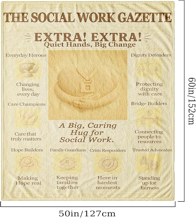 Social Worker Gifts Blanket 60x50in Flannel Throw, Vintage Newspaper-Style Office Decor, Appreciation & Graduation Present for Women & Men, Social Work Month, Soft Lap Cover for School Counselor