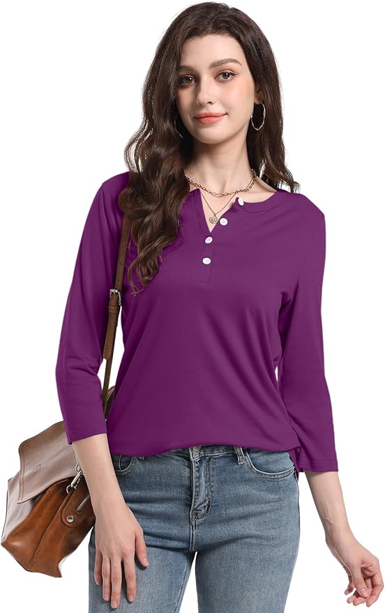 PGANDS Women's 3/4 Length Sleeve T Shirts Button Down Scoop Neck Casual Tops