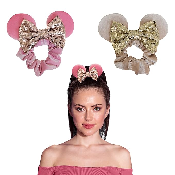 Styla Hair 2pk Velvet Scrunchies for Women - Sparkle Sequins Hair Bands for Pony Tail Mickey Ears (Pink Ivory)