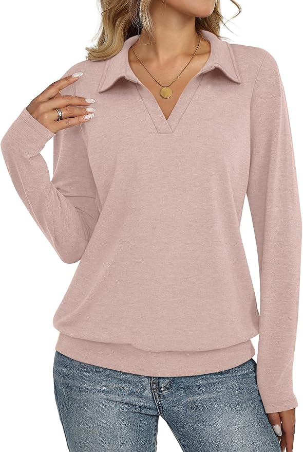 Womens Polo Shirts Long Sleeve Banded Bottom Tops Business Casual Tops Collared V Neck Blouses