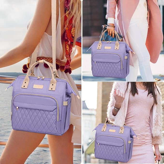 AIJIEKE Lunch Bag for Women, Leakproof & Insulated Work Lunch Box Tote, Reusable Adult Cooler Bag with Water Bottle Side Pocket & Removable Shoulder Strap, Purple