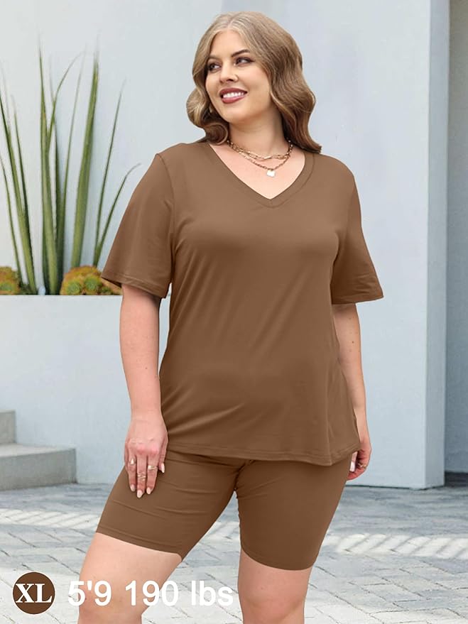AGSEEM Two Piece Outfits For Women Summer V Neck T-Shirt Tops Biker Shorts Workout Sports Tracksuit