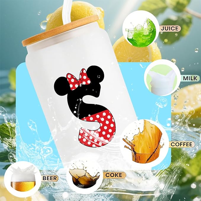 Cute Cartoon Mouse Lover Gifts Initial A-Z Personalized Iced Coffee Cup Magic Mouse Stuff Wizard Gift 16oz Glass Cup with Lid and Straws Birthday Christmas Gifts for Women Teen Girls (Letter S)