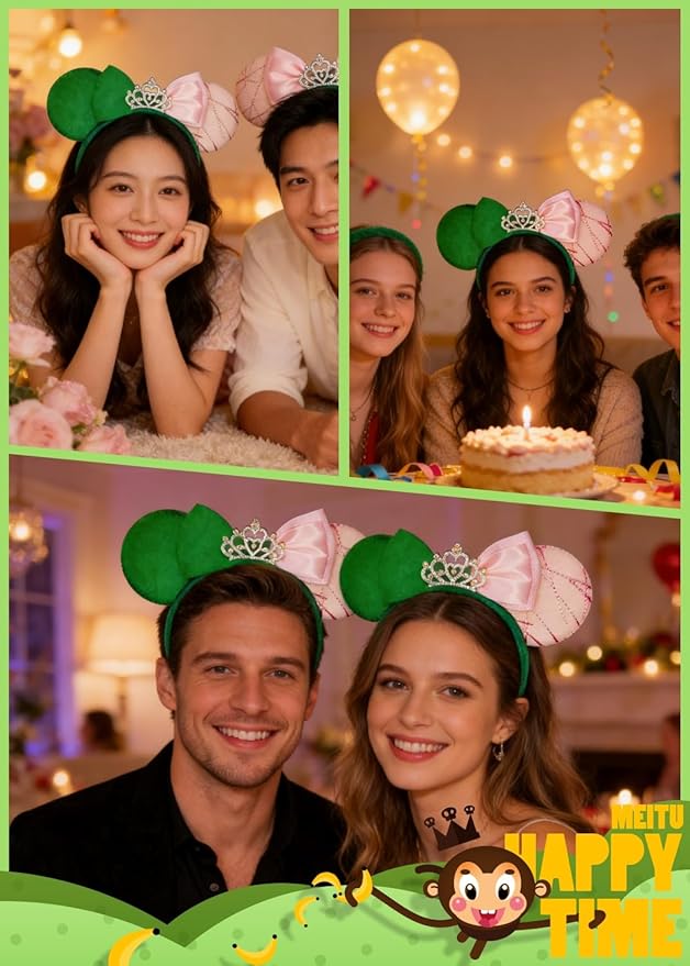 WW-WONDERFULWORLD Witch & Fairy Mouse Ears Headband, Green and Pink Two-Tone Design, Crystal Crown Tiara, Halloween Costume Accessory, for Birthday Party, Daily Fashion Headwear