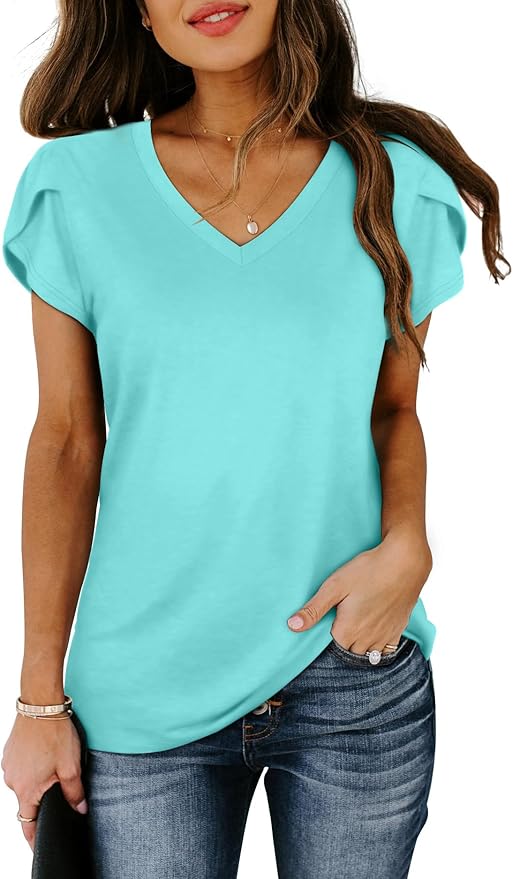 WIHOLL Womens Tops V Neck Summer Petal Sleeve Casual Tshirts