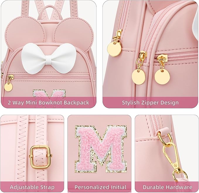 KKXIU Girls Initial Bowknot Cute Mini Backpack for Toddler, Travel Small Girl Backpacks, Personalized Valentine's Day Gifts for Little Girls and Kids(M, Pink)