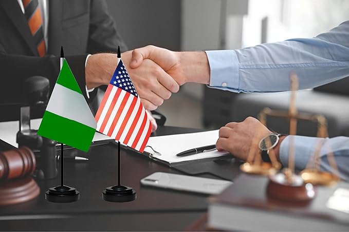 USA American & Nigeria Nigerian Desk Flags, US Nigeria Office Table Flag, Small Mini Miniature Nigerian and US Desktop Flag With 13" Solid Black Pole, Black Base
