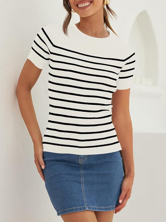 ZESICA Women's Short Sleeve Crewneck Striped T Shirt 2026 Summer Ribbed Knit Slim Fit Casual Basic Tee Tops