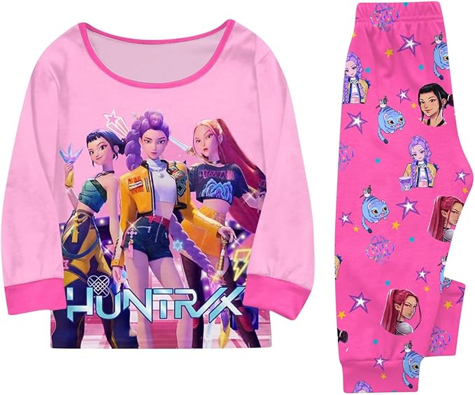 Girls 2 Piece K Pop Singer Outfits Cute Cartoon Graphic Shirts and Pants Casual Tracksuit Fashion Clothing Sets