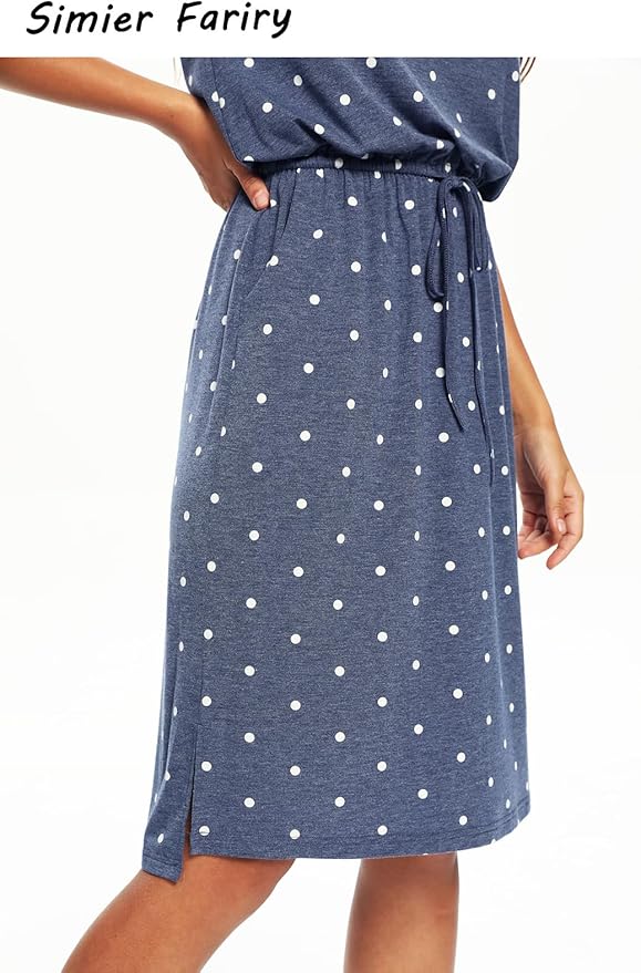 Simier Fariry Womens Spring Hide Belly Knee Length Travel Dress Pocket Summer Short Sleeve Midi Work Casual Outfits