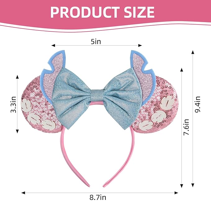 Seamoy Pink Stitch Headband, Minnie Ears, for Women Girls, One Size, Plastic, Nylon, Hairband, Unisex, 1 Count