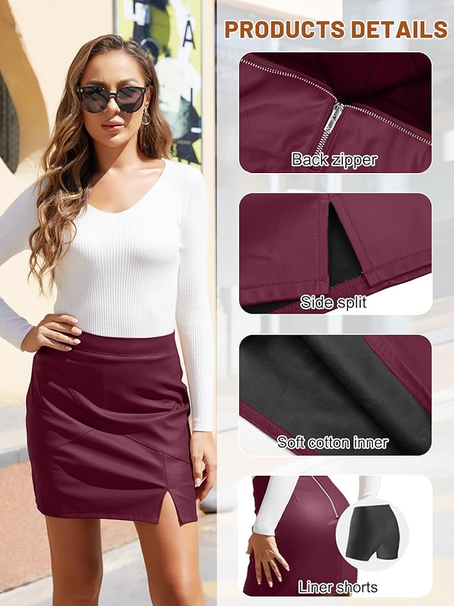 We1Fit Womens Fuax Leather Skirt High Waisted Bodycon Pencil Mini Skirts with Shorts