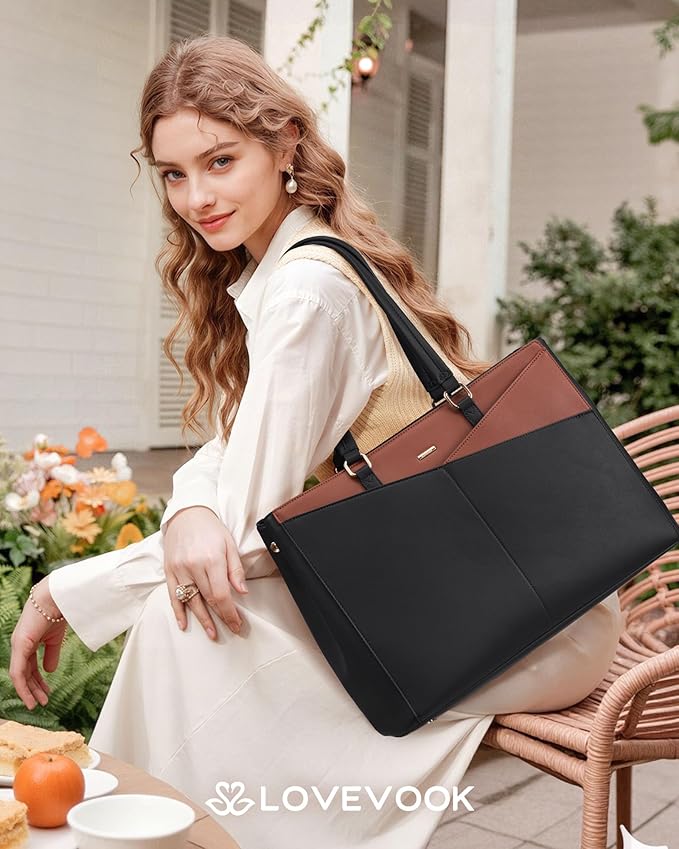 LOVEVOOK Lunch Tote Bag for Women, 3 in 1 Work Bag with Leakproof Cooler Compartment, Laptop Bag with Large Cup Holder for Office, College, Casual, Black-brown