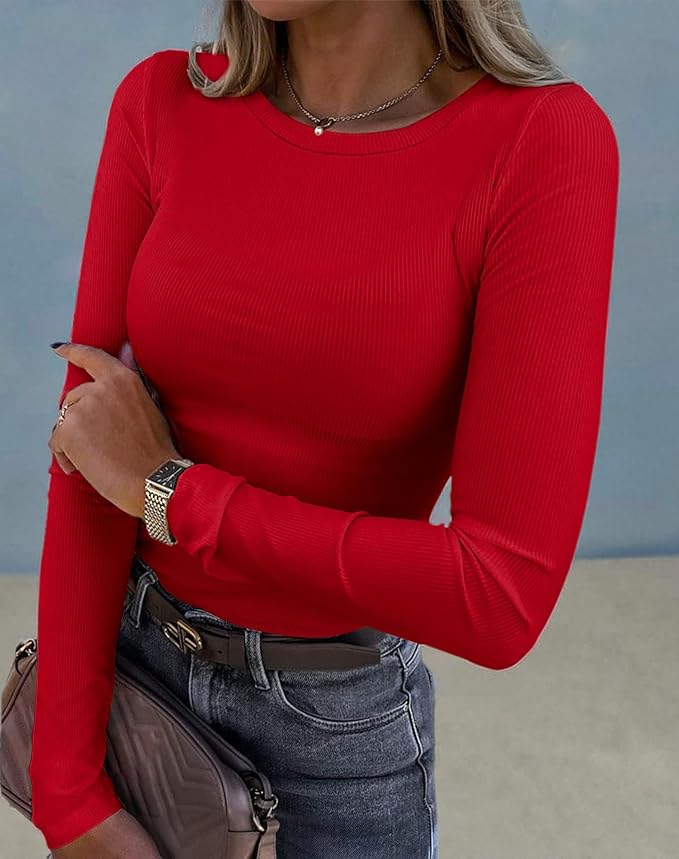 Roselux Womens Long Sleeve Stretch Crewneck Ribbed T-Shirt Fitted Casual Basic Tops