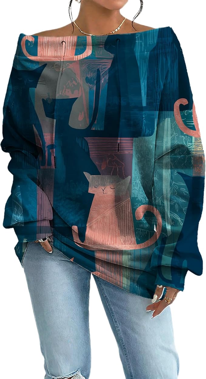 Womens Sweatshirts Floral Print Sexy Off The Shoulder T Shirts Oversized Long Sleeve Pullover Fall Tops