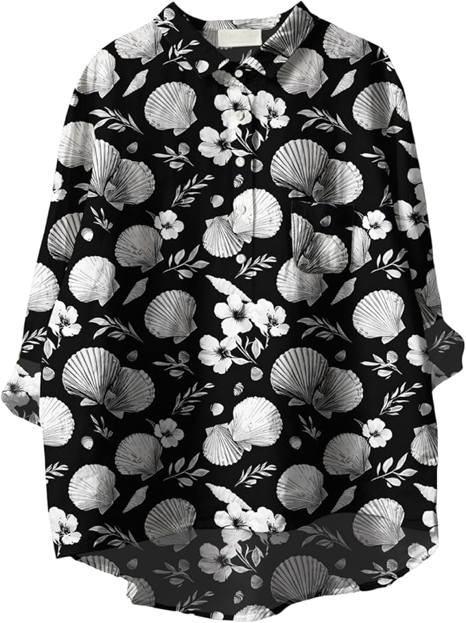 Womens Boho Tops 3/4 Long Sleeve Floral Blouses Hawaii Beach Button Down Shirts V Neck Pullover Casual Tunics