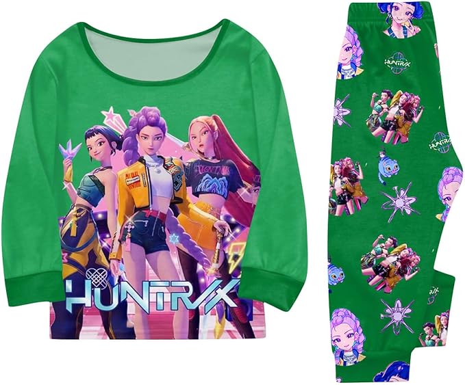 Girls 2 Piece K Pop Singer Outfits Cute Cartoon Graphic Shirts and Pants Casual Tracksuit Fashion Clothing Sets
