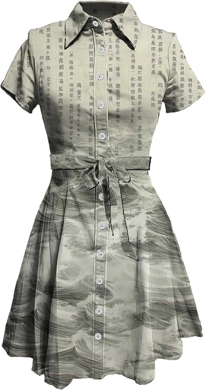 MARSVOVO Japanese Art Shirt Dresses for Women Short Sleeve Ruffle Button Down Tie Waist Trendy Elegant Midi Dress